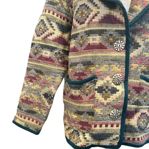 Vintage Patchwork Blazer Womens Size LP Tan Stripe Cotton Aztec Southwestern - Picture 9 of 16